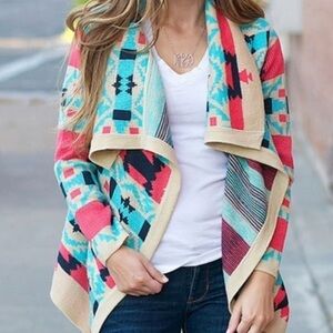 MOON Colorful Aztec Pattern Open Flyaway Sweater